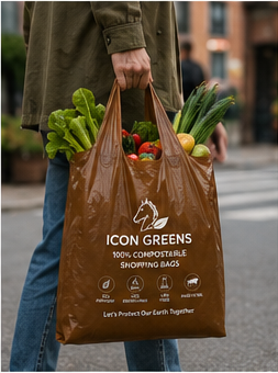 Icon Greens compostable carry bag in brown