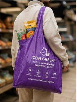 Icon Greens compostable carry bag in purple