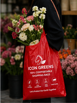 Icon Greens compostable carry bag in red