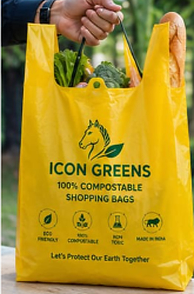 Icon Greens compostable bag in yellow