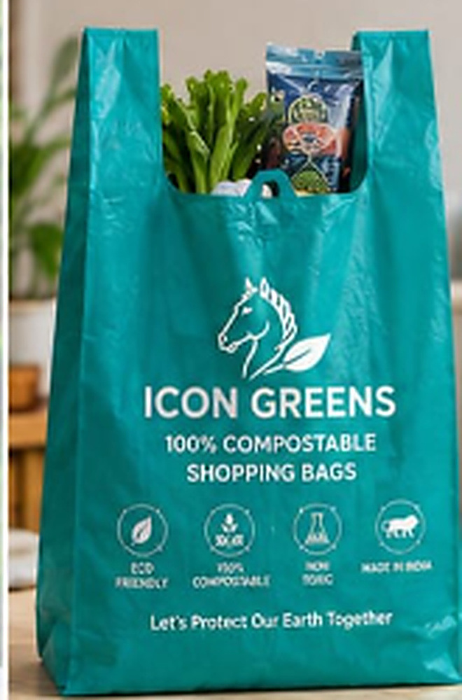 Icon Greens compostable bag in teal