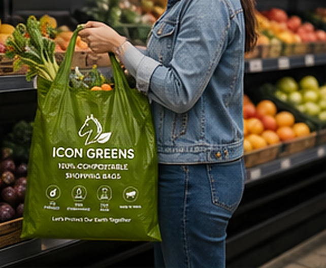 Shopper filling an Icon Greens compostable bag at a produce counter